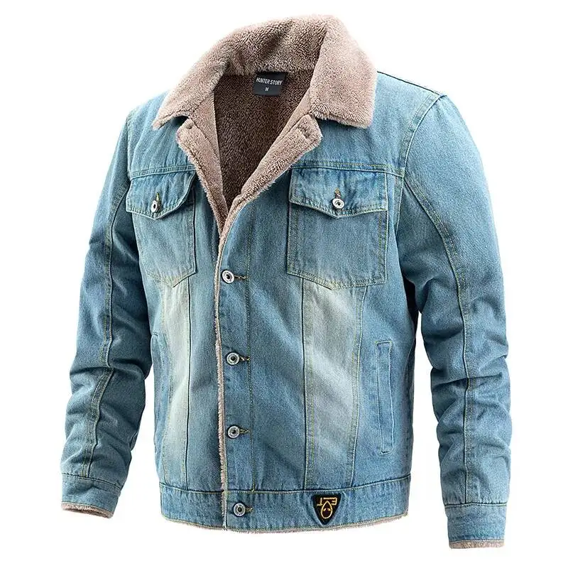 Denim Autumn Winter Pocket Single-Breasted Solid Color Velvet Thickened Lapel Washed Cotton Fashion Men's Jacket