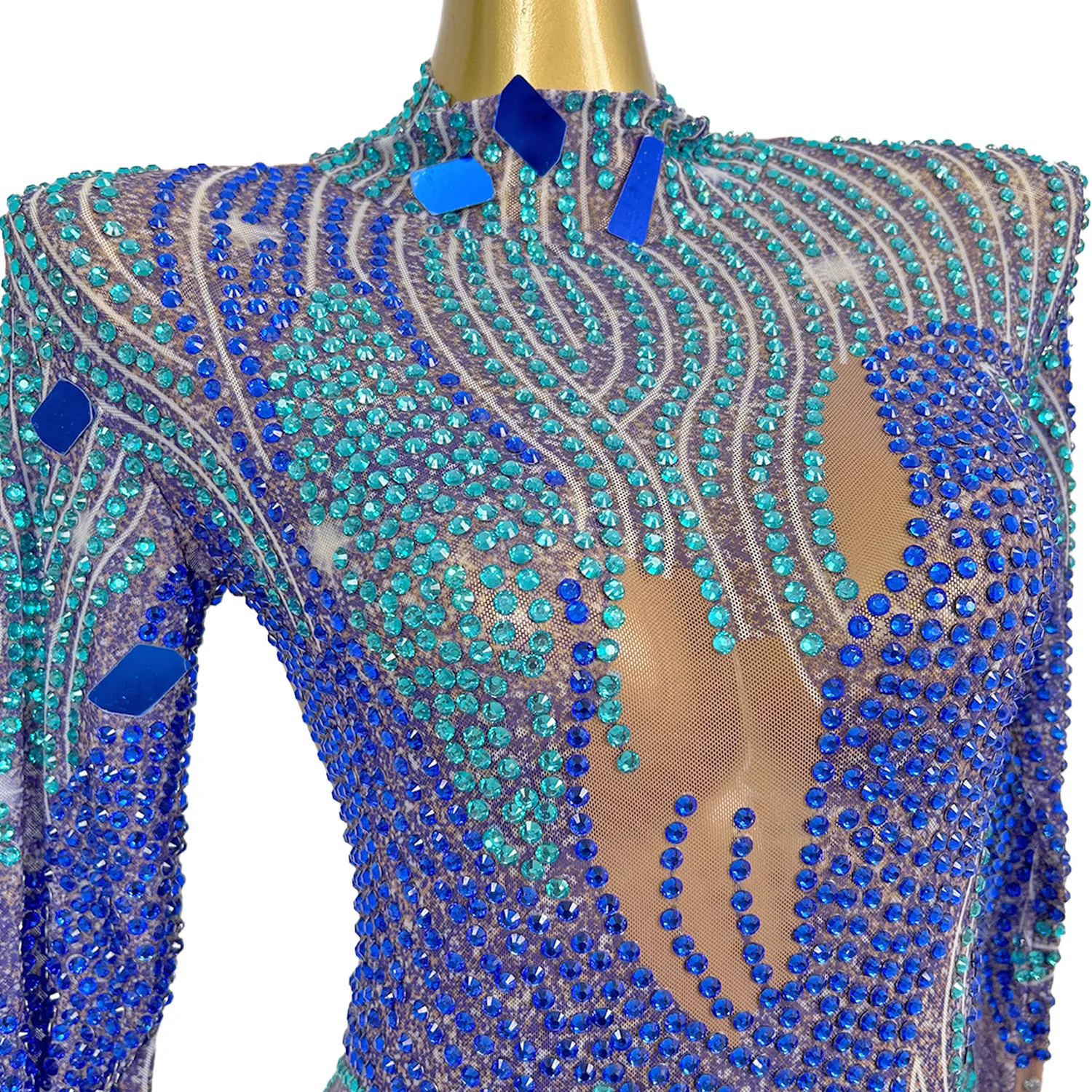 

Blue Rhinestone Mirrors Tight Fitting Long Dress Sheer Mesh Evening Dress Sexy Women Party Couture Celebrate Outfit Xingkongding