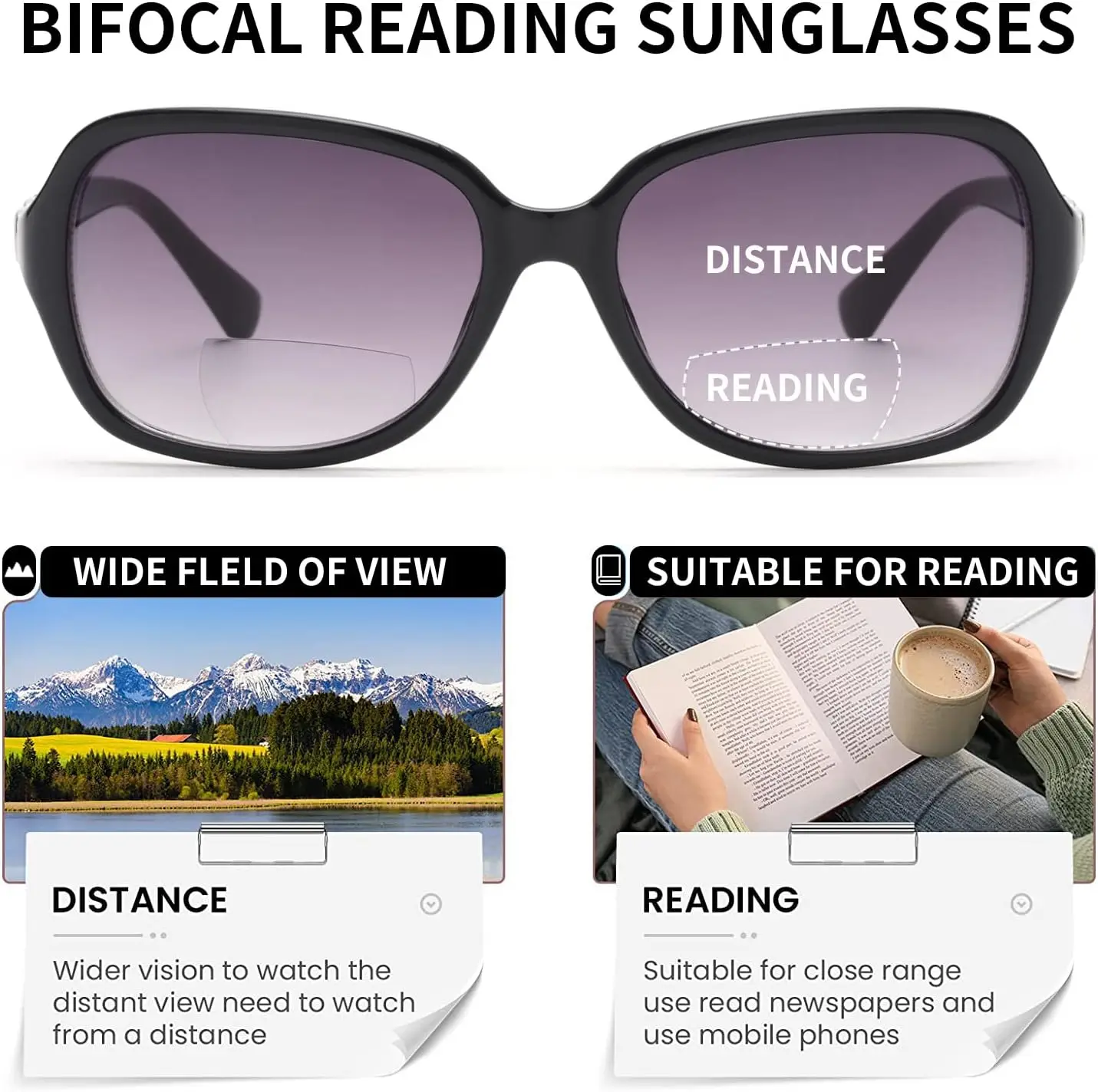 JM Large Rectangle Bifocal Reading Sunglasses for Women Vintage Oversized Lady Reading Glasses UV400