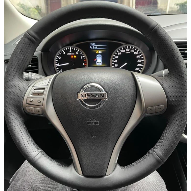 Capa de volante de carro em couro de microfibra costurada à mão, preto, Nissan Teana 2013-2018, Altima 2013-2018, X-Trail 2014-2017