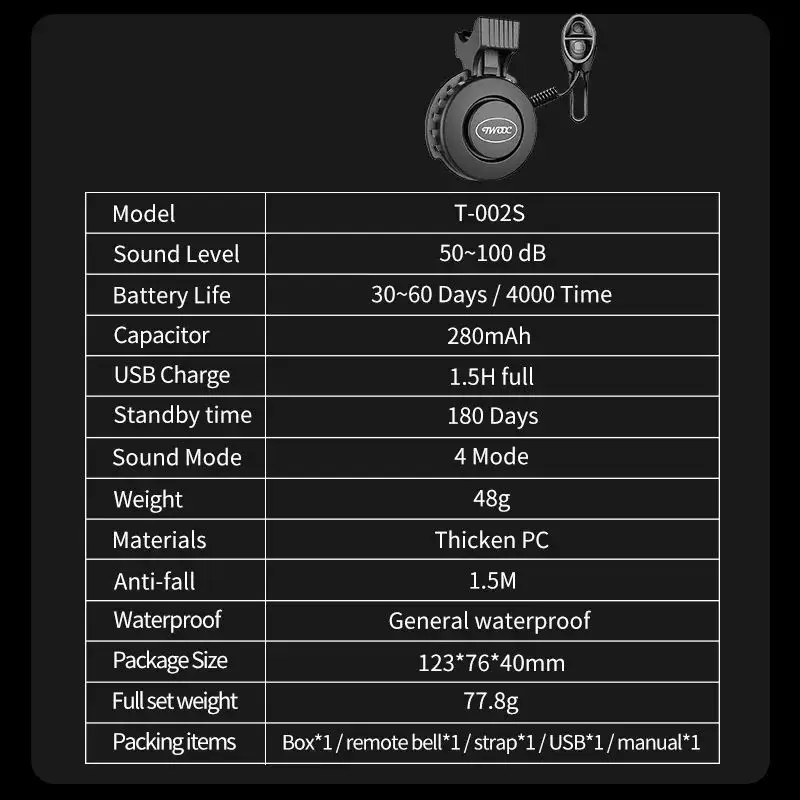 TWOOC Bicycle Electronic Horn Volume Adjustment 4 Kinds of Classic Cingtones Rechargeable 100dB Not Harsh Road Mountain Bike