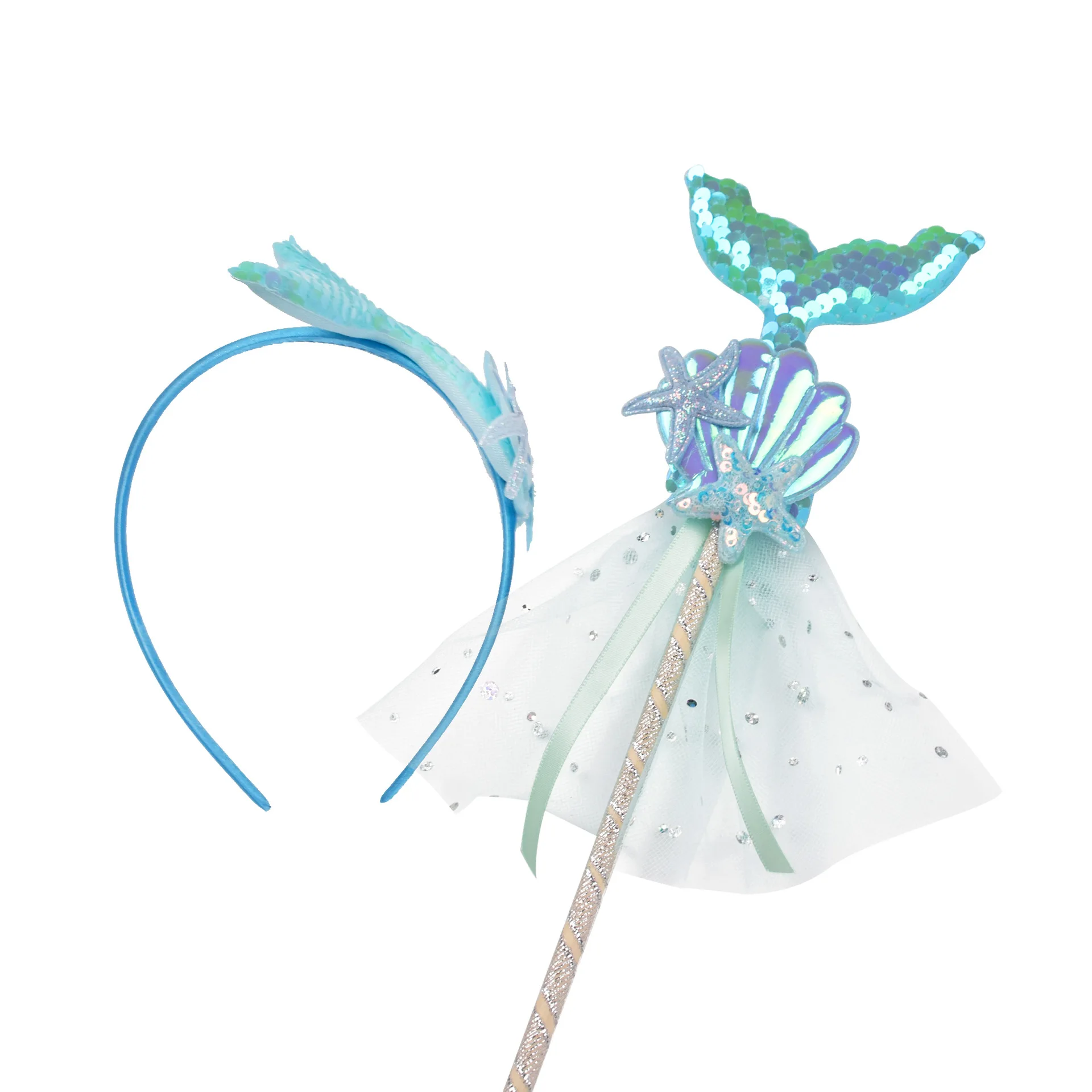 Mermaid Shell Starfish Kid Headband Wand 2Pcs Set Iridescent Sequin Exquisite Fairy Princess Hair Accessory For Stage Photo Prop view 5