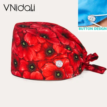 Wysokiej jakości nadruk kreskówkowy Damska czapka chirurgiczna Praca dentystyczna Salon kosmetyczny Sklep zoologiczny Bawełniany guzik Czapka do szorowania Akcesoria pielęgniarskie