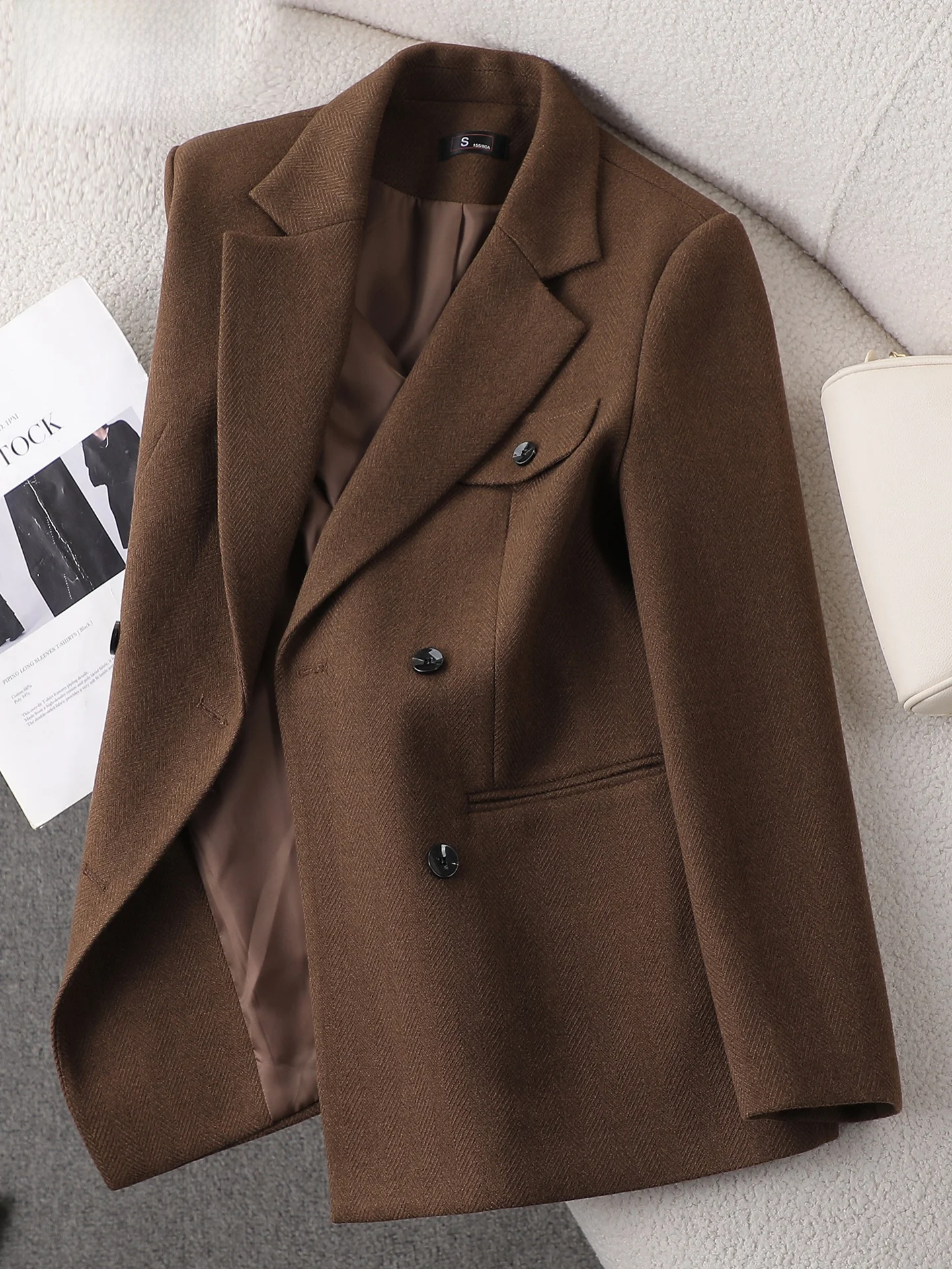 

Caramel Woolen Suit Jacket Women's Casual Style Autumn Winter High Quality Vintage Small Size Fashionable Commute Windbreaker