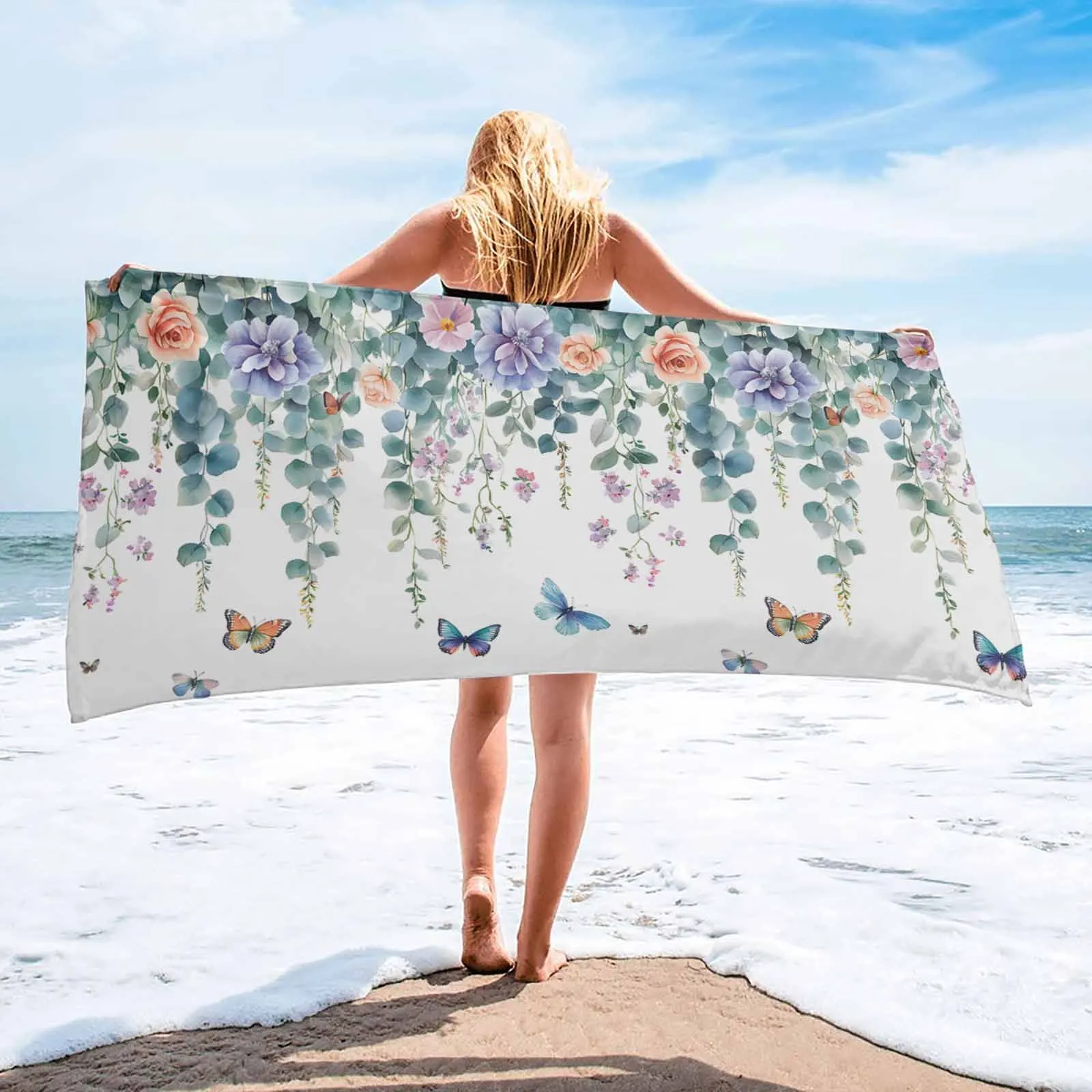 

Листья эвкалипта, красочные бабочки, цветы, банное полотенце, ванная комната, душ из микрофибры, уличное дорожное быстросохнущее пляжное полотенце для плавания