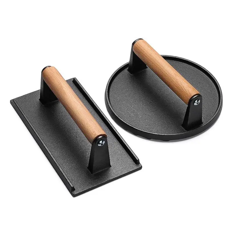 M10K 2PCS Burgers Press Rectangle Heavy-Duty Cast Iron Smash Bacon Press Meat Steak with Wood Handle for Griddle, Sandwich