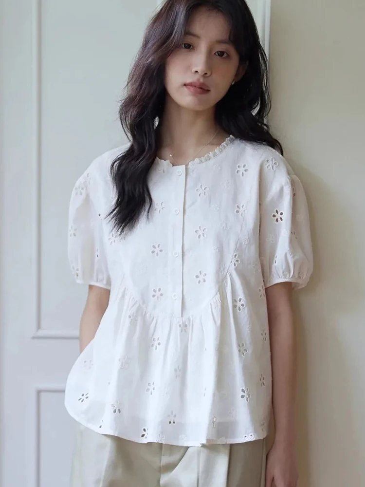

Hollow Out Sweet White Shirt Women Fashion O Neck Loose Puffy Sleeve Blouse Summer Chic French Casual Female Elegant Cute Tops