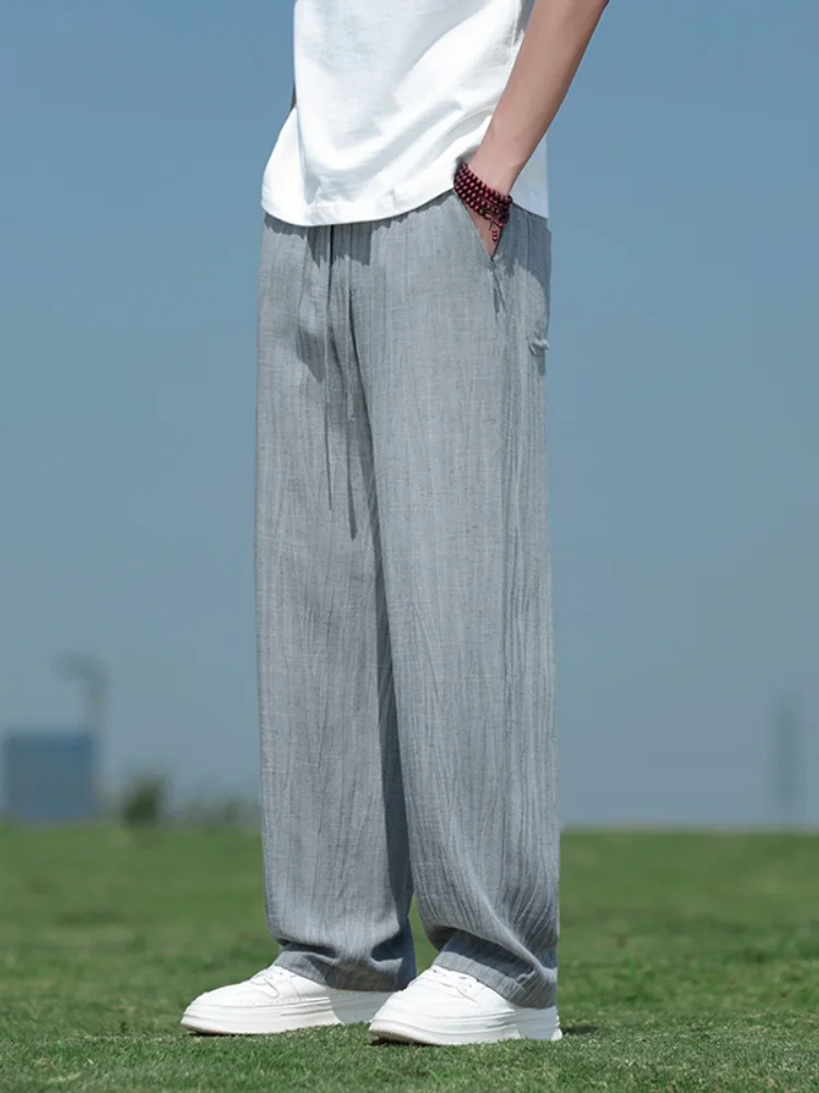 

High-End Linen Pants for Men Summer Thin Silk Straight Loose Cotton Linen Long Pants Ice Silk Wide Leg Pants