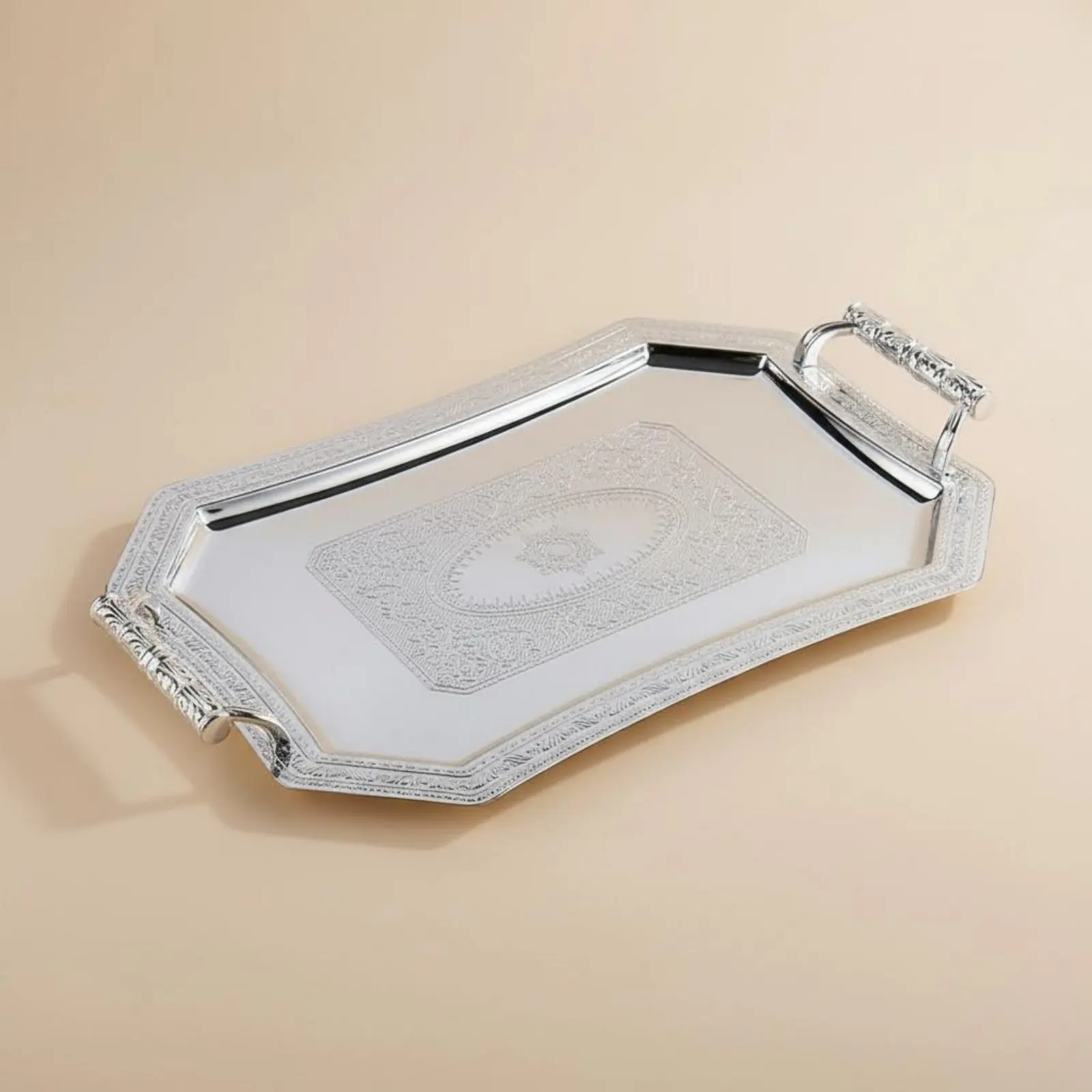 Ornate Serving Tray with Handles Elegant Design Embossed Stainless Steel Platter European Design Metal Tray Multi-Functional view 2
