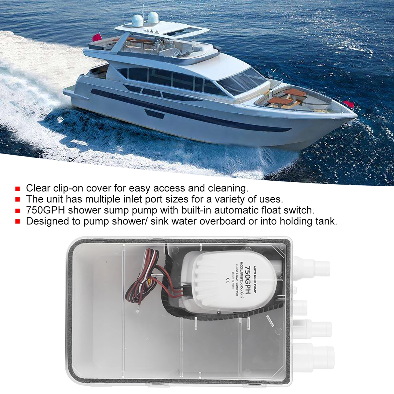 

12V/24V 750GPH Shower Sump Pump Automatic Bilge Drain Box Multi Inlet for Marine Boat Yacht G750‑01 Bilge Drain Box