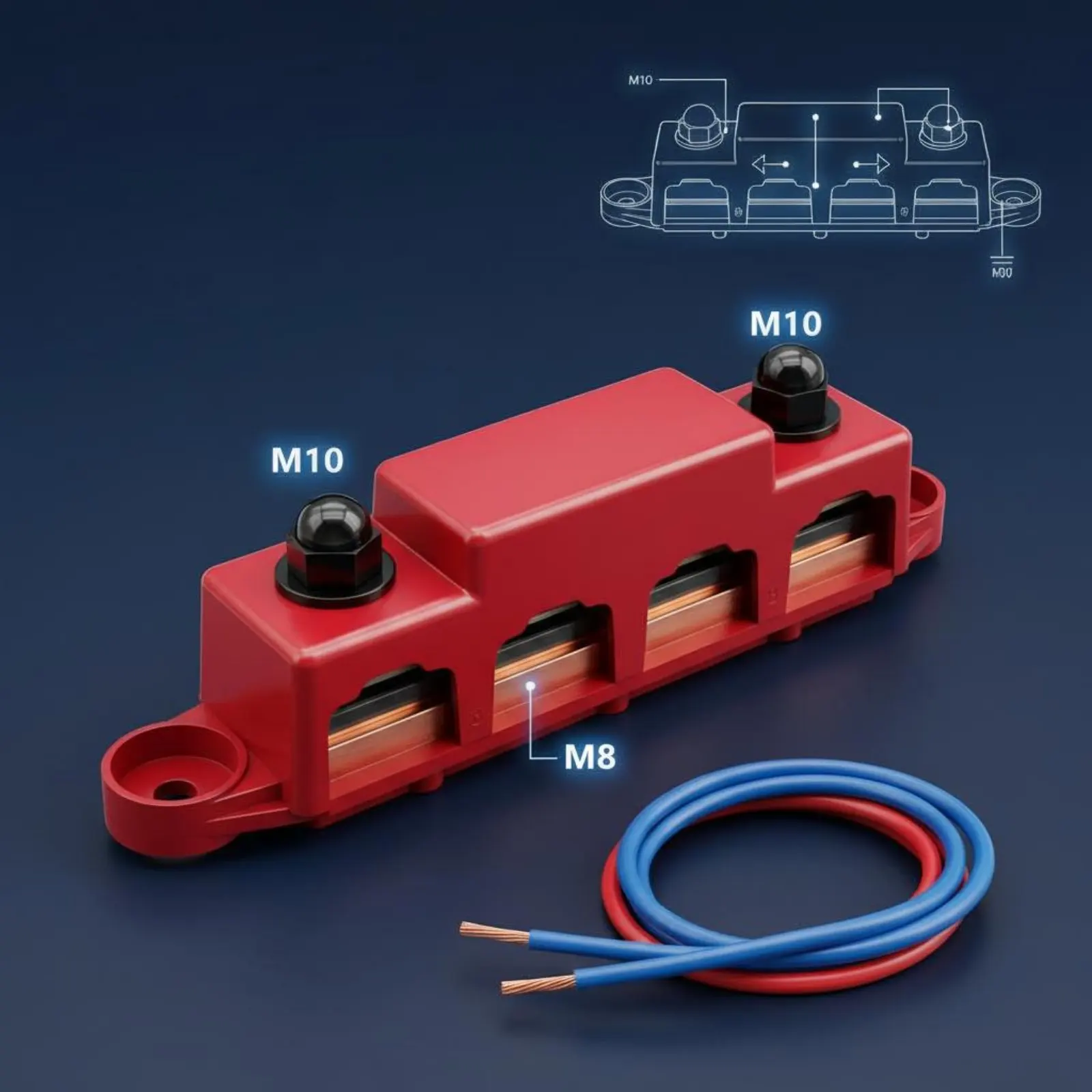 Four-Way Busbar High Current Battery Busbar Terminal Block Marine Bus Bar Heavy Duty Electrical Hardware 48V DC for Rv Owners