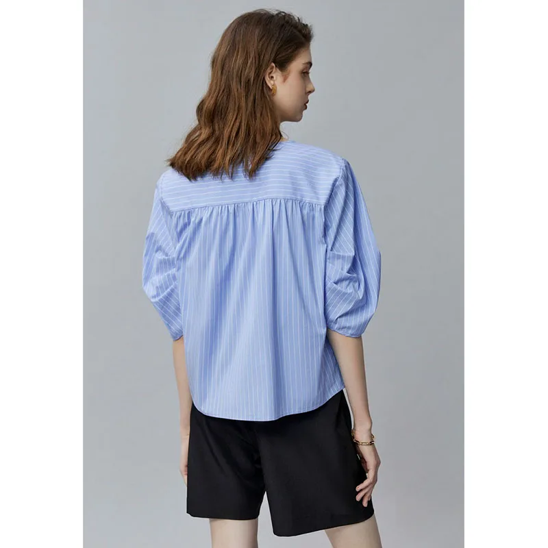 Ele Bubble Sve irt V-Ne Loose Versatile ort Sve Summer Thin Commute Anti-Aging Design Sense Top Women's Faion