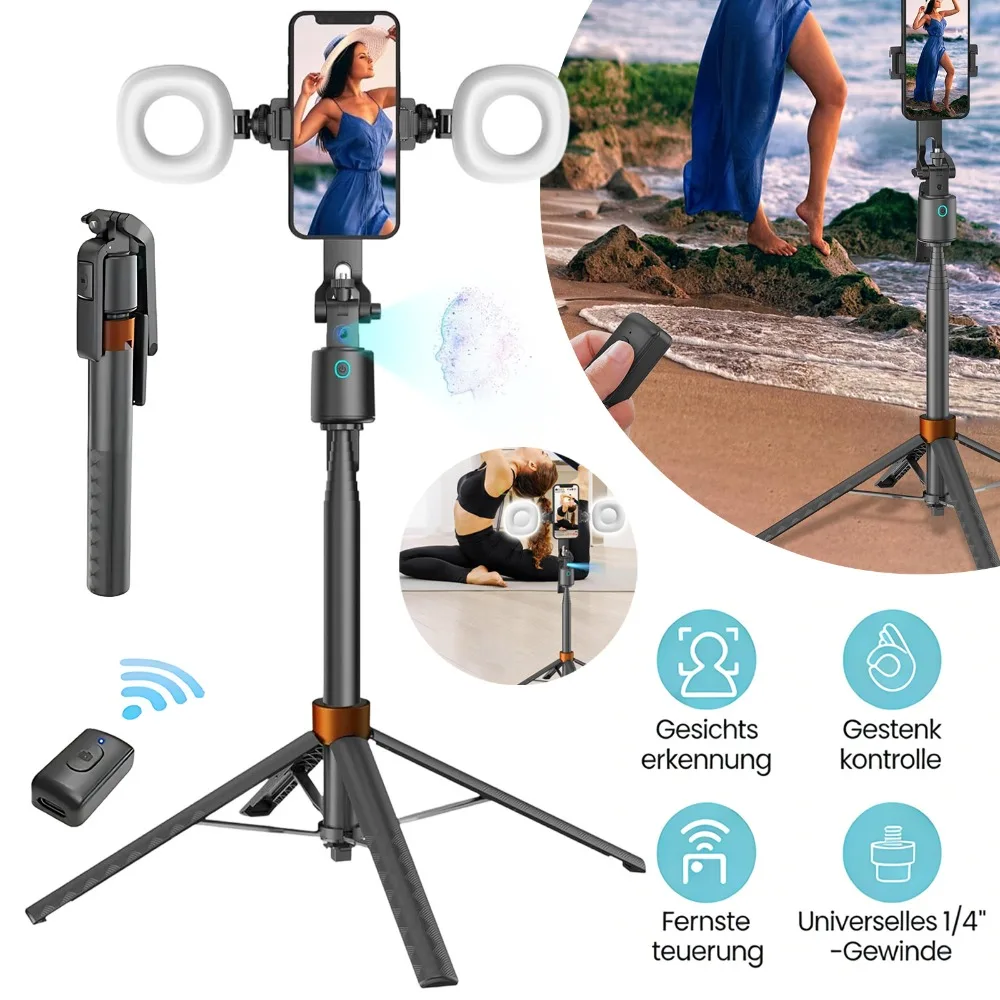 Trépied à suivi automatique du visage, perche à selfie rotative à 360°, support inclinable à 270°, fixation stable et durable avec interface 1/4'' compatible GoPro, appareil photo numérique pour la prise de vue de vlogs