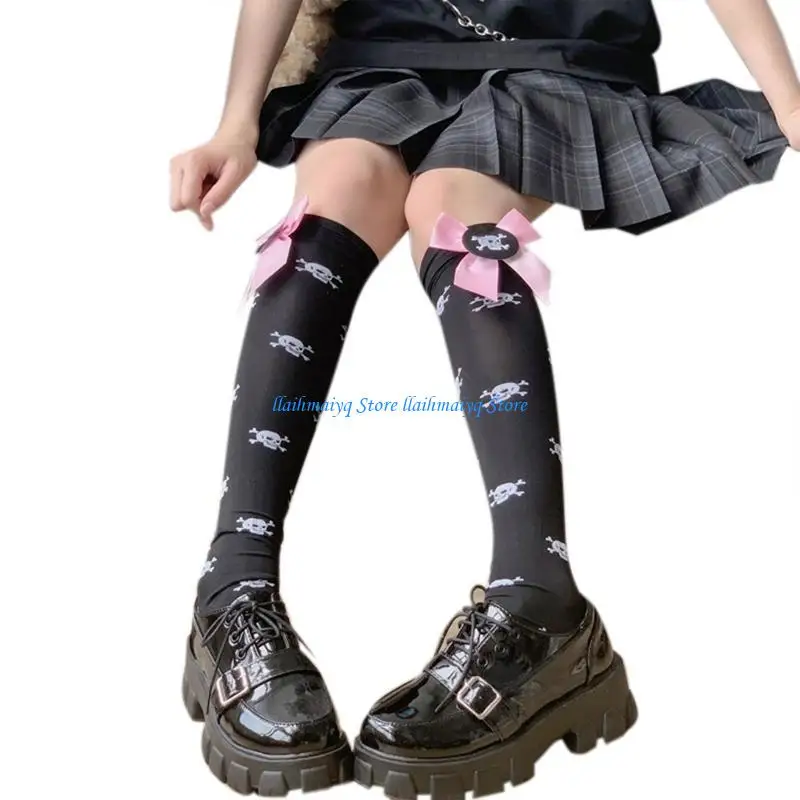 

573B Women Boot Socks Knee High Socks Stockings with Skull Bowknot Design