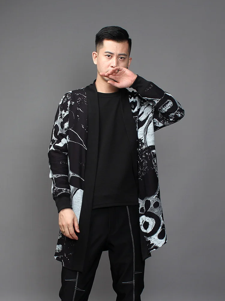 Spring 2022 new dark wind print cardigan jacket male trend Ruffian long thin trench coat