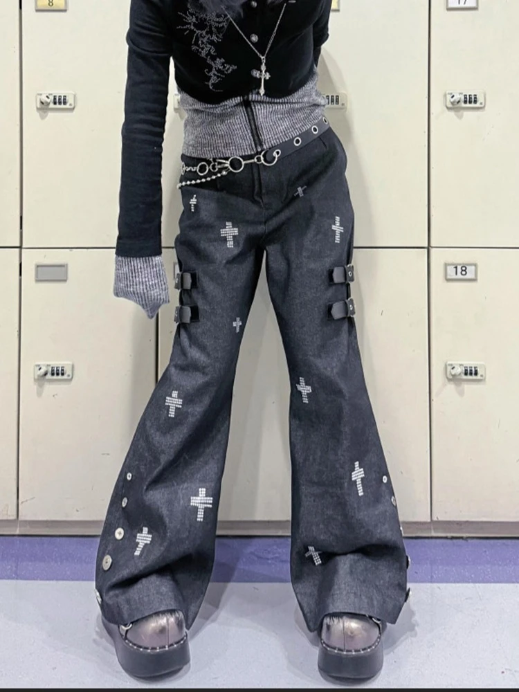Heavy Industry Cross Hot Diamond Jeans Dames Herfst Winter Nieuwe Pittige Meisje Retro Gedeconstrueerde Micro Flared Broek