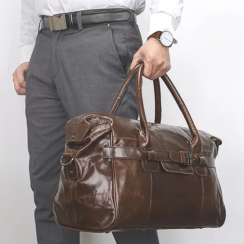 Men Vintage Cowhide Travel Bag Top Grain Leather Water Proof Anti-theft Durable Hand & Crossbody Duffle