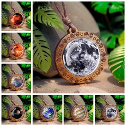 Solar System Planet Necklace Moon Earth Mercury Saturn Jupiter Glass Wooden Pendant Galaxy Nebula Jewelry