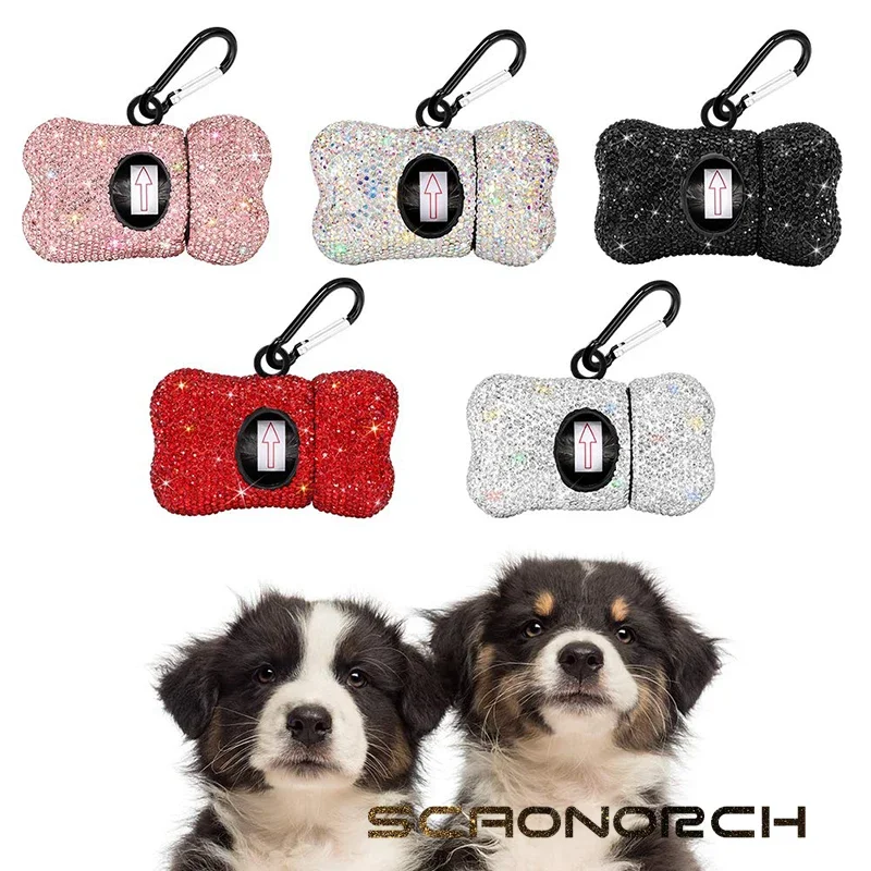 Bling Diamond Dog Poop Bag Holder Portable Pet  Poop Bag Dispenser Cat Clean Accessories With Meteal Buckle Animals Articles