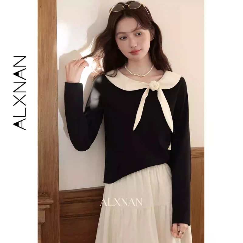 

ALXNAN Black Long Sleeve T-shirt Color Matching Bow 3d Flower Neckline Cotton T-shirt 2025 Autumn Fashion Design Tops L56160-1