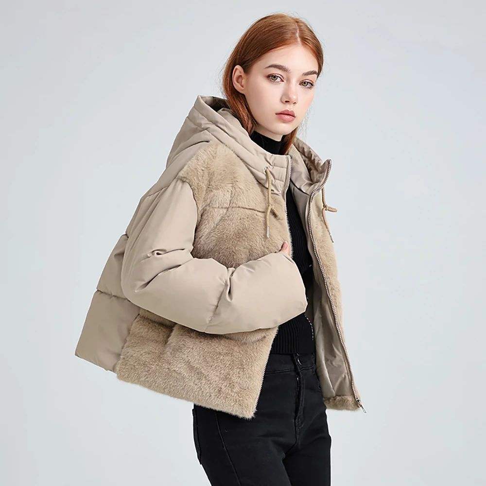 Winter Women's Cotton Padded Coats Soft Mink Fleece Fur Patchwork Hooded Short Jackets Casual Loose Thick Warm Female Outerwear