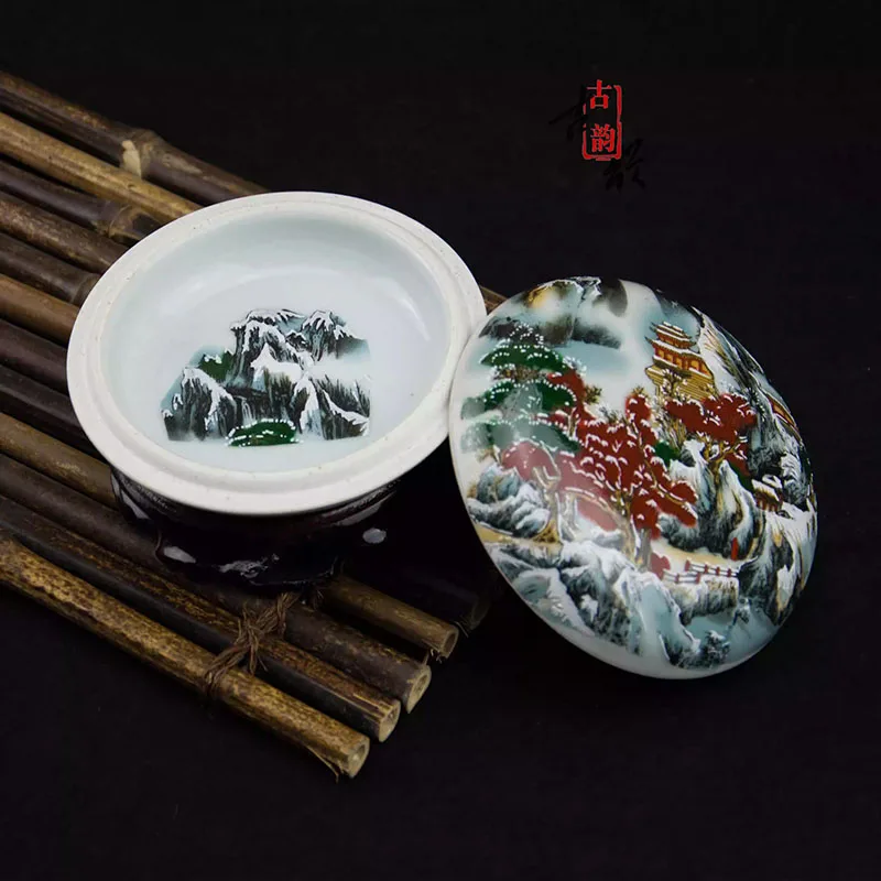 Chinese Calligraphy Supplies Ceramic Ink Pad Box, Multi-functional Seal Stamp Holder & Antique Storage Container
