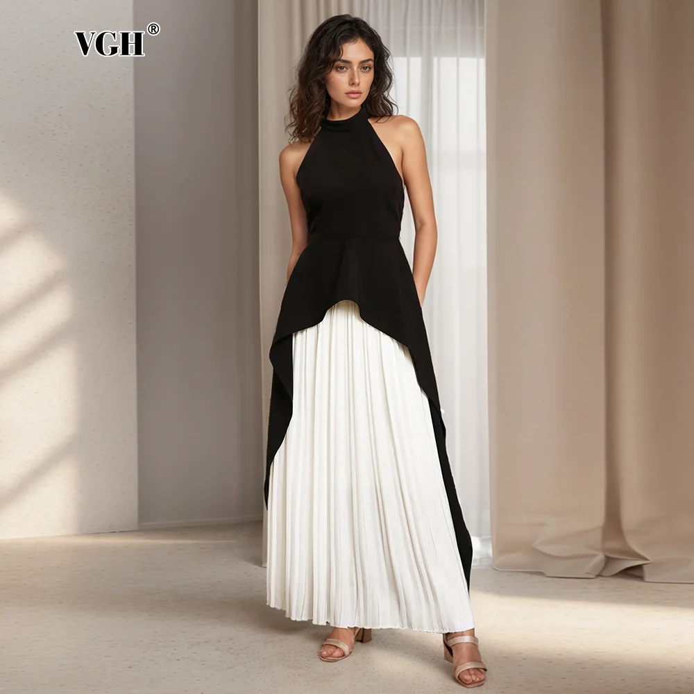 

VGH Temperament Two Piece Sets For Women Round Neck Sleevless Backless Vests High Waist A Line Skirt Elegant Set Female Fashion