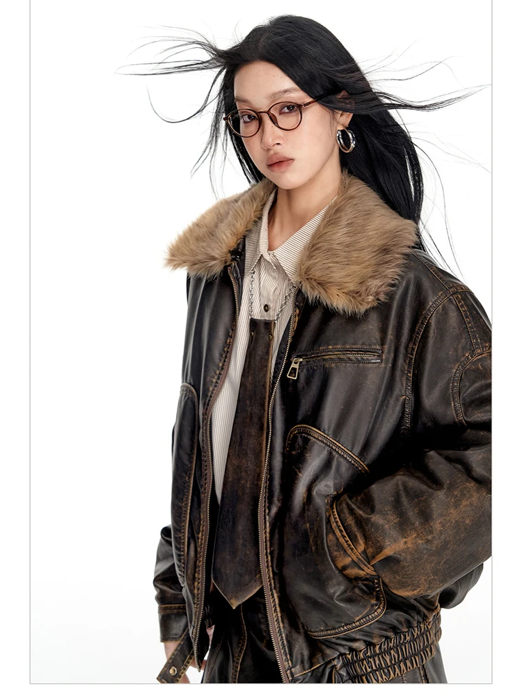 Lautaro Spring Autumn Cool Handsome Vintage Distressed Brown Pu Leather Jacket Women Faux Fur Collar Luxury Designer Clothing
