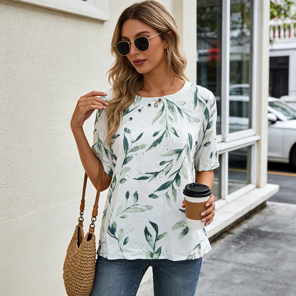 

Элегантная блузка с акварельным принтом зеленых листьев, повседневная рубашка с коротким рукавом для отпуска, легкий офисный повседневный топ для женщин