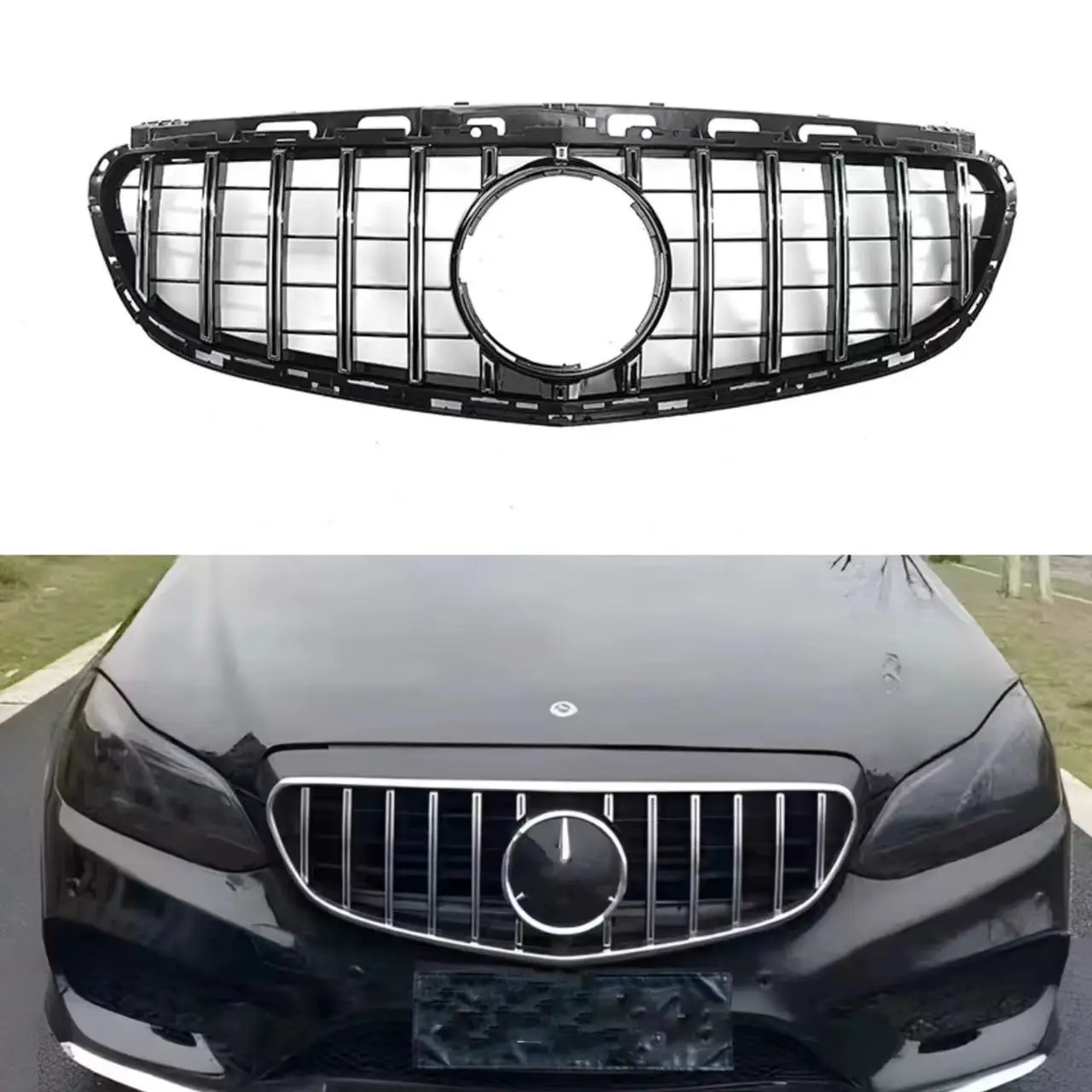 Für Mercedes-Benz E-Klasse W212 2013-2015 E63 GT Vertikaler Lamellen-Rennkühlergrill ABS-Kunststoff Ersatzinstallation Hochglanz Schwarz