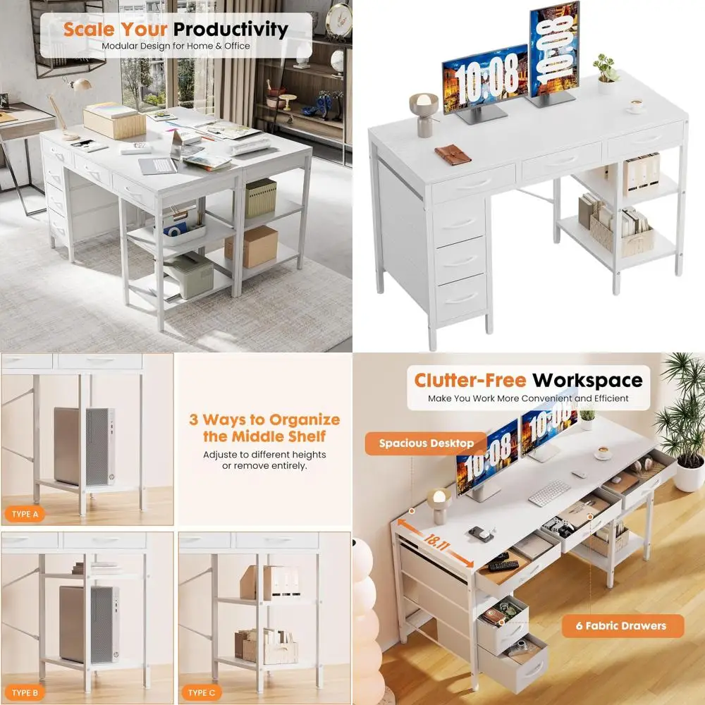 

47" Computer Desk with 6 Drawers, Home Office Gaming Desks with Storage Shelves for Bedroom, Writing Study Corner Living Room Wo