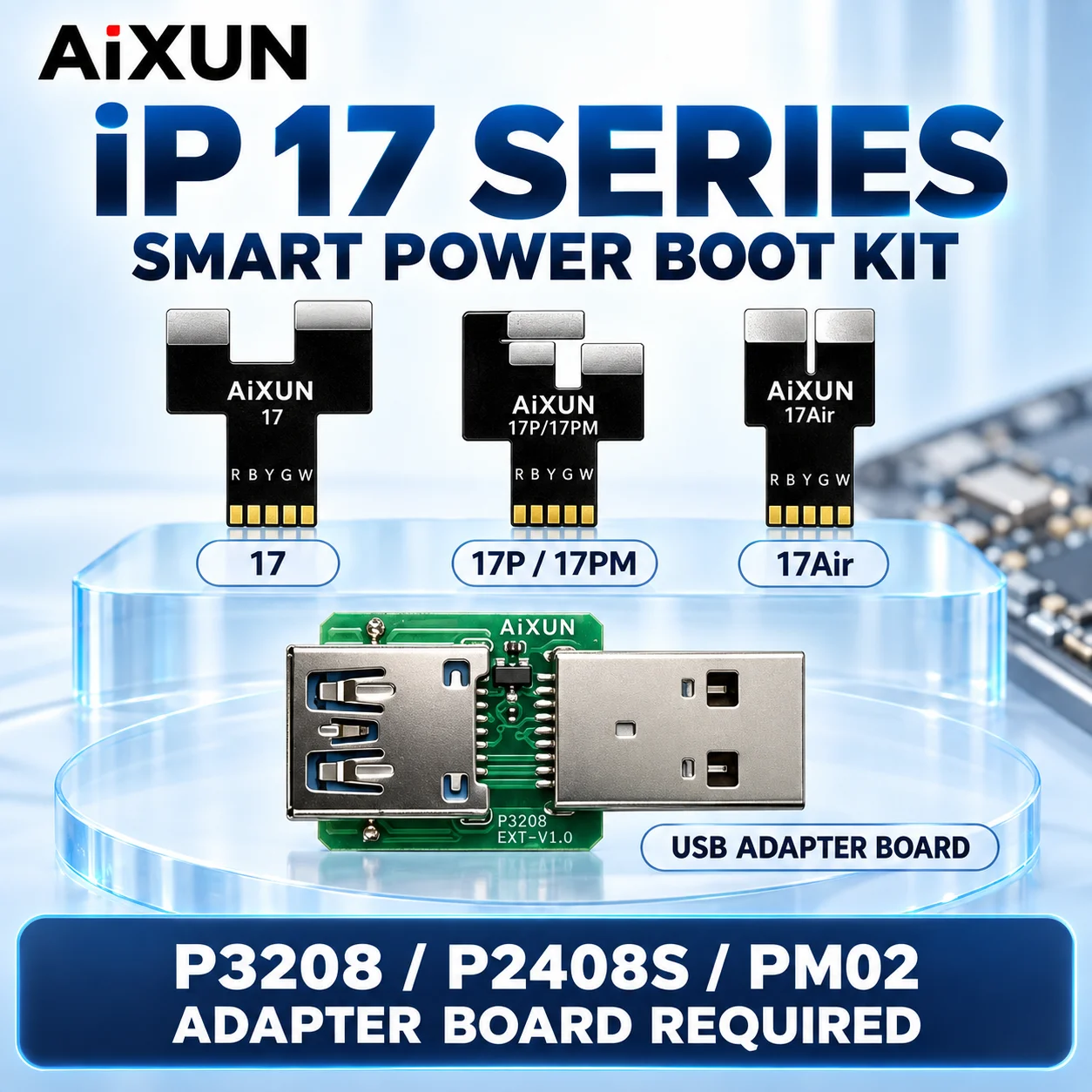 AiXUN P3208 Smart Power Supply Boot Adapter Kit for iP 17 17P 17PM 17Air Phone Motherboard Repair Tools with USB Adapter Board
