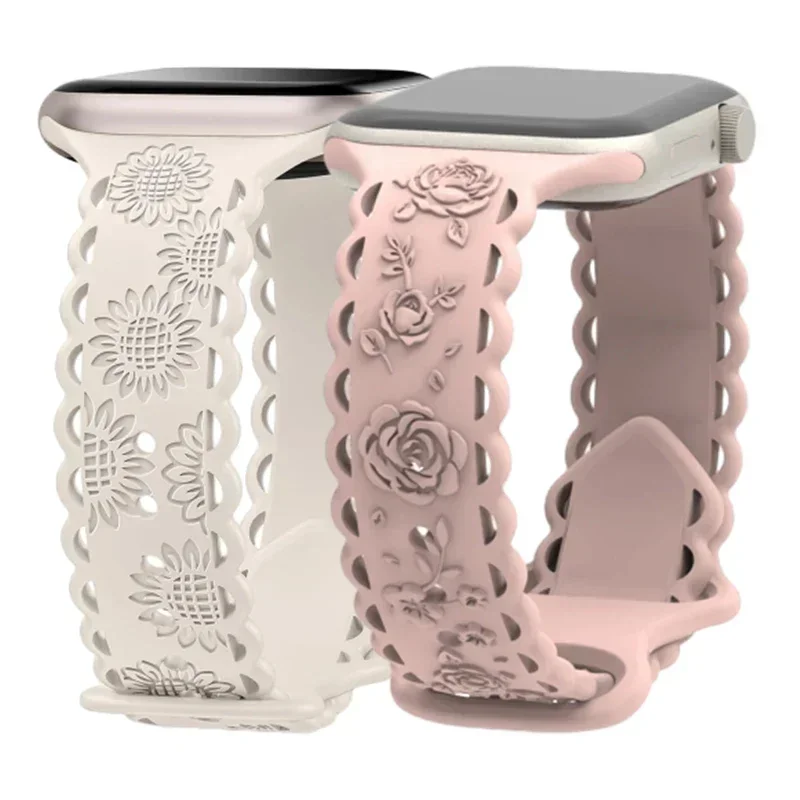 Gegraveerde Bloemenband Voor Apple Watch Ultra2 49Mm 45 44 42 41 40Mm 38Mm Siliconen Band Voor Iwatch Serie 9/8/7/6/5/4/3/2/Se Ultra