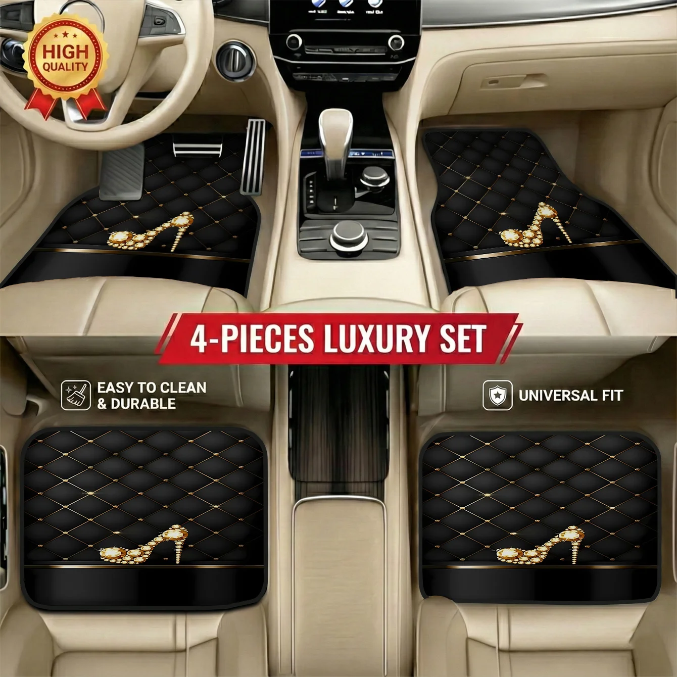 Set Of 4 All-Season Car Floor Mats Featuring Earring Designs, Shields Against Mud And Grime, Fits Most Vehicles, Easy To Clean A