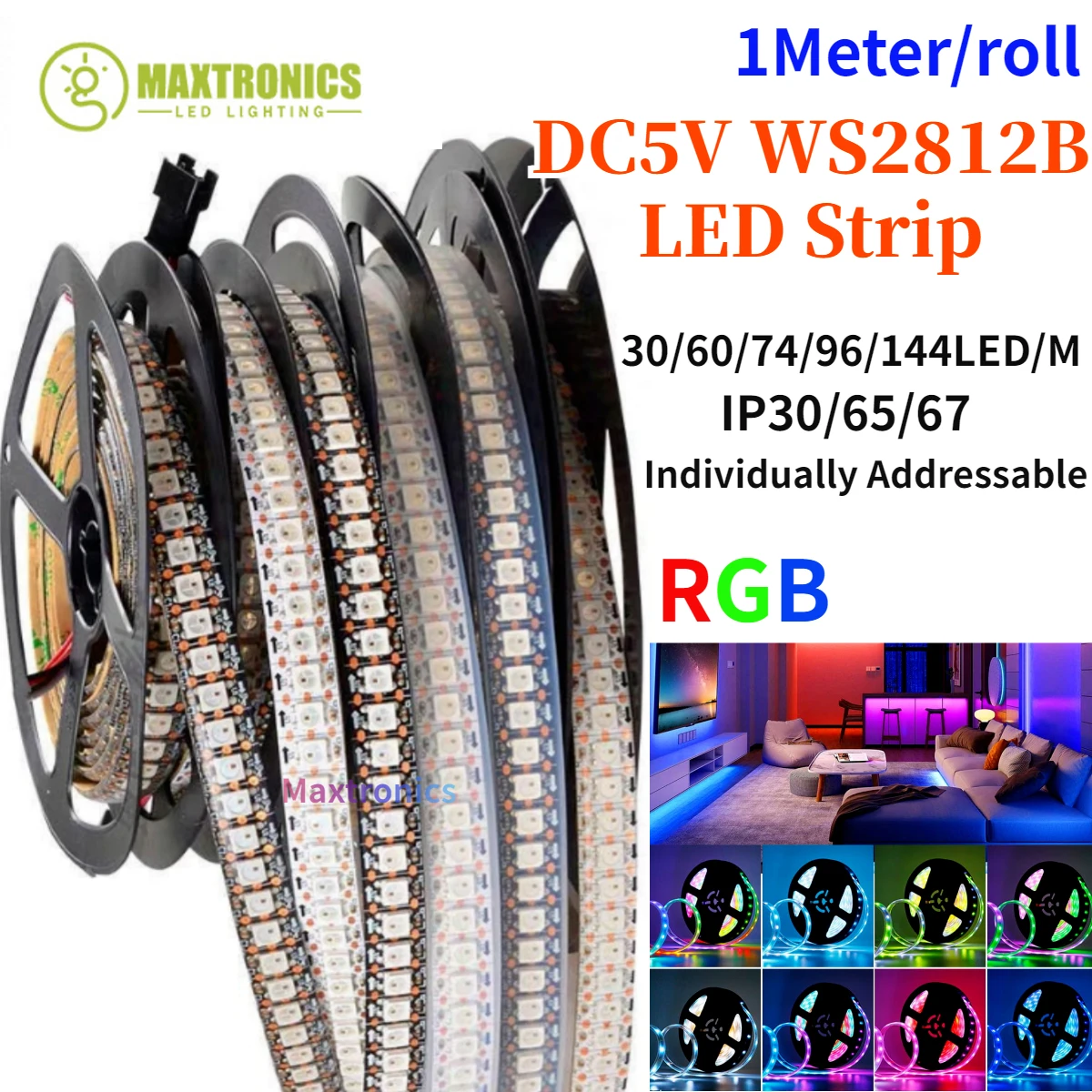 Tira de luces LED direccionables individualmente, 1 metro, cc 5V, WS2812B, PCB Blanco/Negro, 30/60/74/96/144 LED/M, IP30/65/67, para decoración de