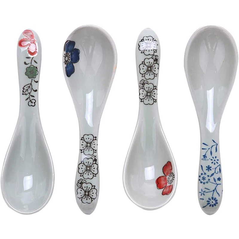 5.5in Ceramic Chinese Soup Spoon Asian Soup Spoon Beautiful Flower Suitable Ramen Cooking Steaming Dumpling Ceramic Tableware