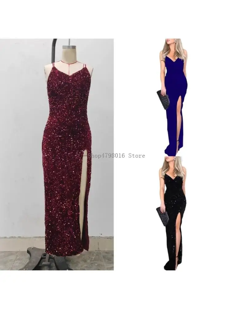 Women's Sleeveless High Split Maxi Long Dress Sparkling Sequins Backless Bodycon Cocktail Evening Gown