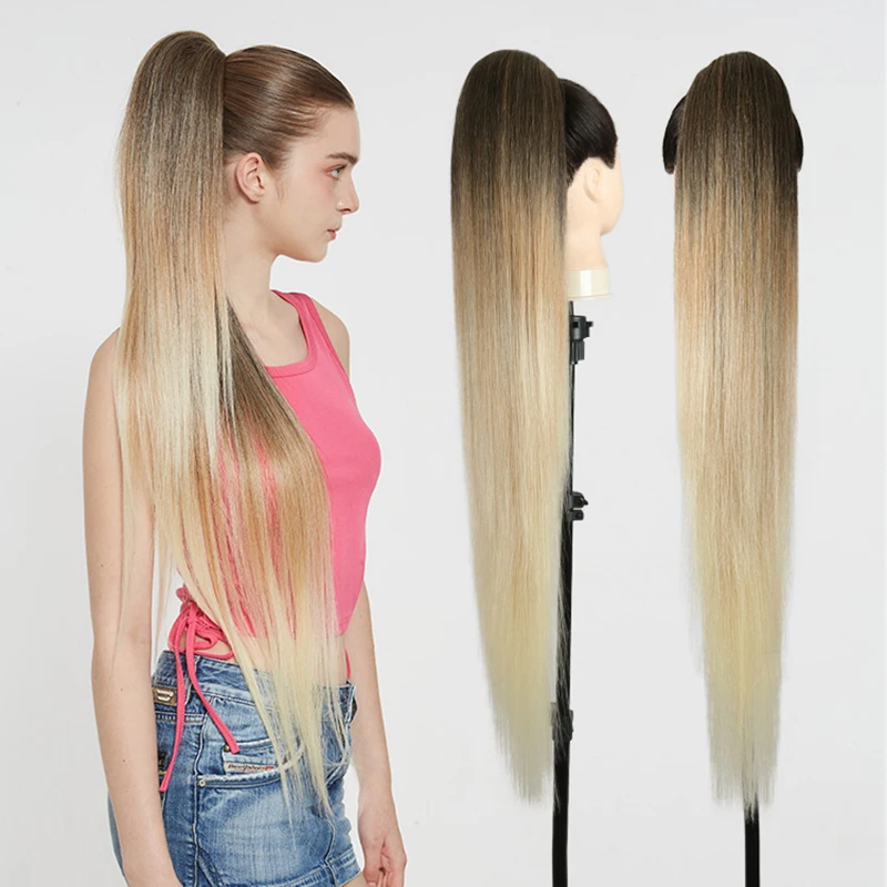 

Snowdrop Hair 36Inches Synthetic Drawstring Ponytail Ombre Ash Blonde Clip Extension Fake Hiar Natural Daily Use