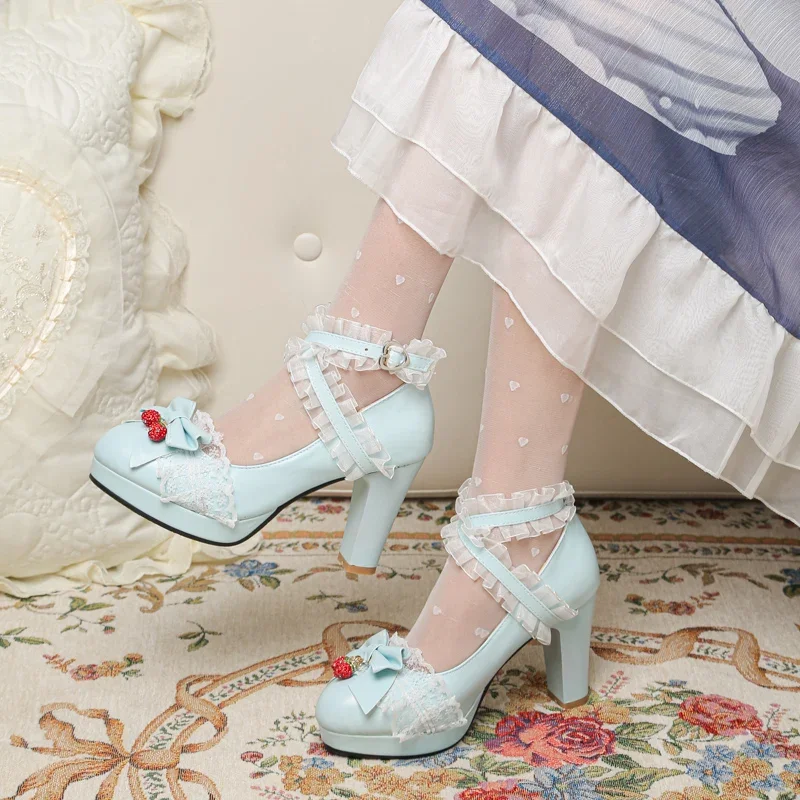 

YQBTDL 2025, милые туфли в стиле Лолиты для косплея, туфли принцессы с перекрестными ремешками и бантиками для девочек, кружевные туфли-лодочки с клубничной подвеской для женщин, фиолетовые
