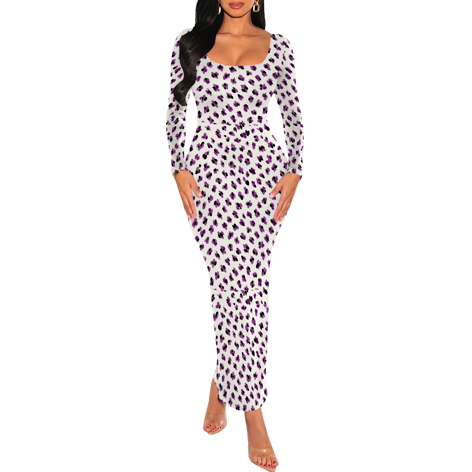 Abito lungo maxi aderente da donna a maniche lunghe con scollo quadrato