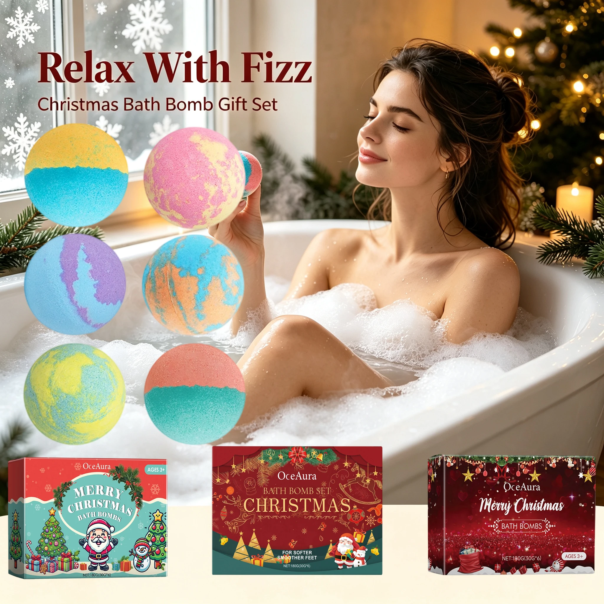 Merry Christmas Bath Bombs Gift Set Natural Organic Essential Oil Moisturizing Bath Melt Fizzers For Ages 3+ Body Cleaning Care
