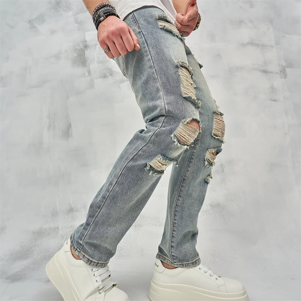 Streetwear Men Spring Loose Holes Distressed Straight Jeans Pants Stylish Retro Male Casual Denim Trousers