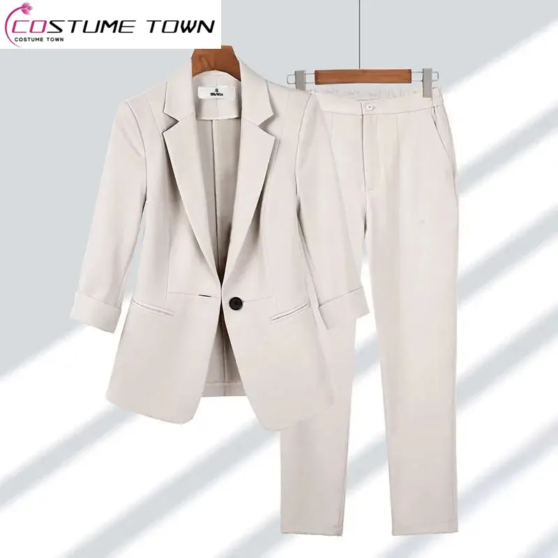 Summer New Thin Jacket Blazer Casual Wide Leg Pants Two Piece Elegant Women\'s Pants Set Office Outfits Business Clothing