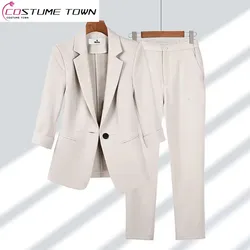 Summer New Thin Jacket Blazer Casual Wide Leg Pants Two Piece Elegant Women's Pants Set Office Outfits Business Clothing