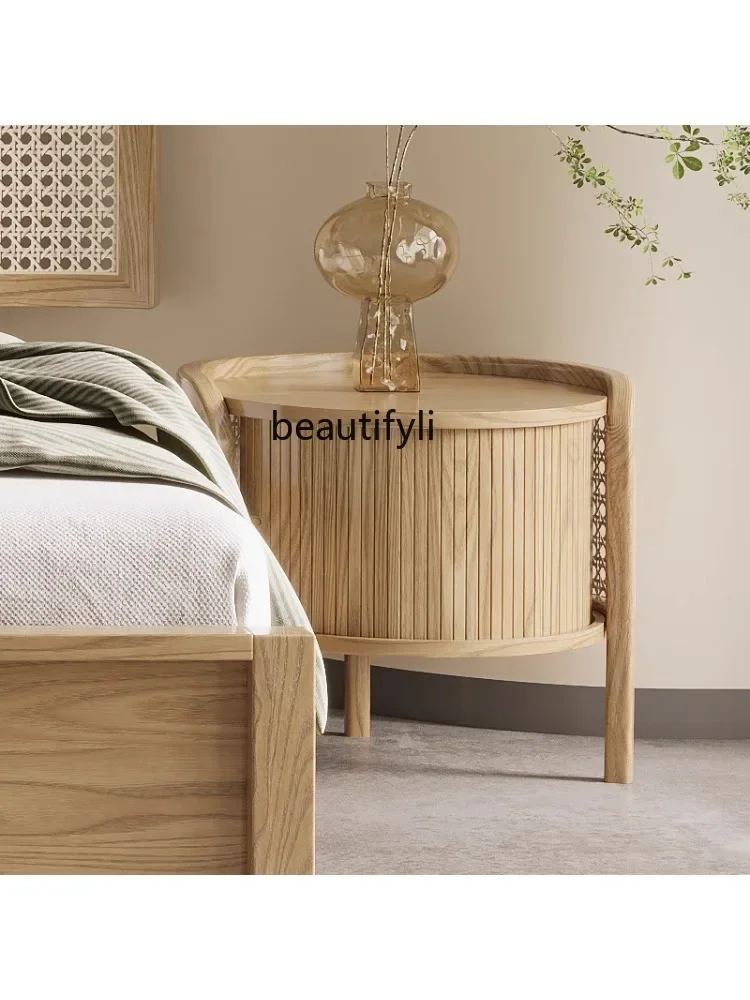 S Nordic Solid Wood Bedside Cabinet Japanese Rattan Bedside Cabinet Small Apartment Mars ROCK COLORATION Locker furniture