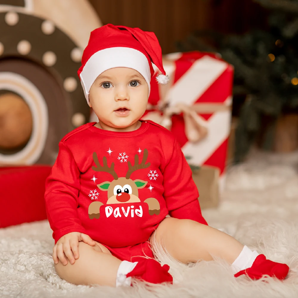 Personalized Christmas Deer Baby Bodysuit Custom Name Infant Romper Boys Girl Cute Clothes Xmas Party Baby Gift Xmas Rompers