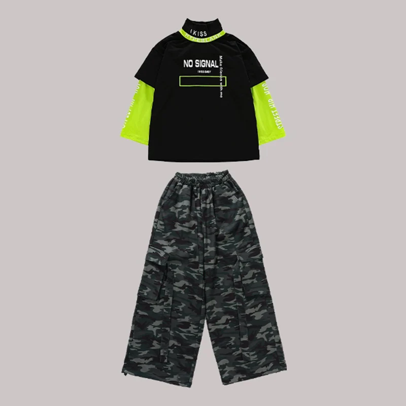 Jongens Hip Hop Kostuum Jazzdans Outfit Groen Zwart Top Camouflage Broek Kinderen Prestaties Outfit Street Dance Kleding 2536