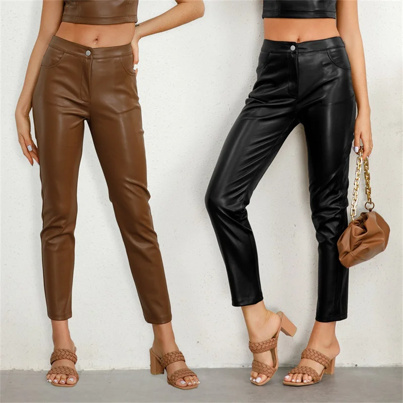 

Women Autumn And Winter Solid Color High Waist Skinny Button Leather Pants British Temperament Joker Pencil Pants