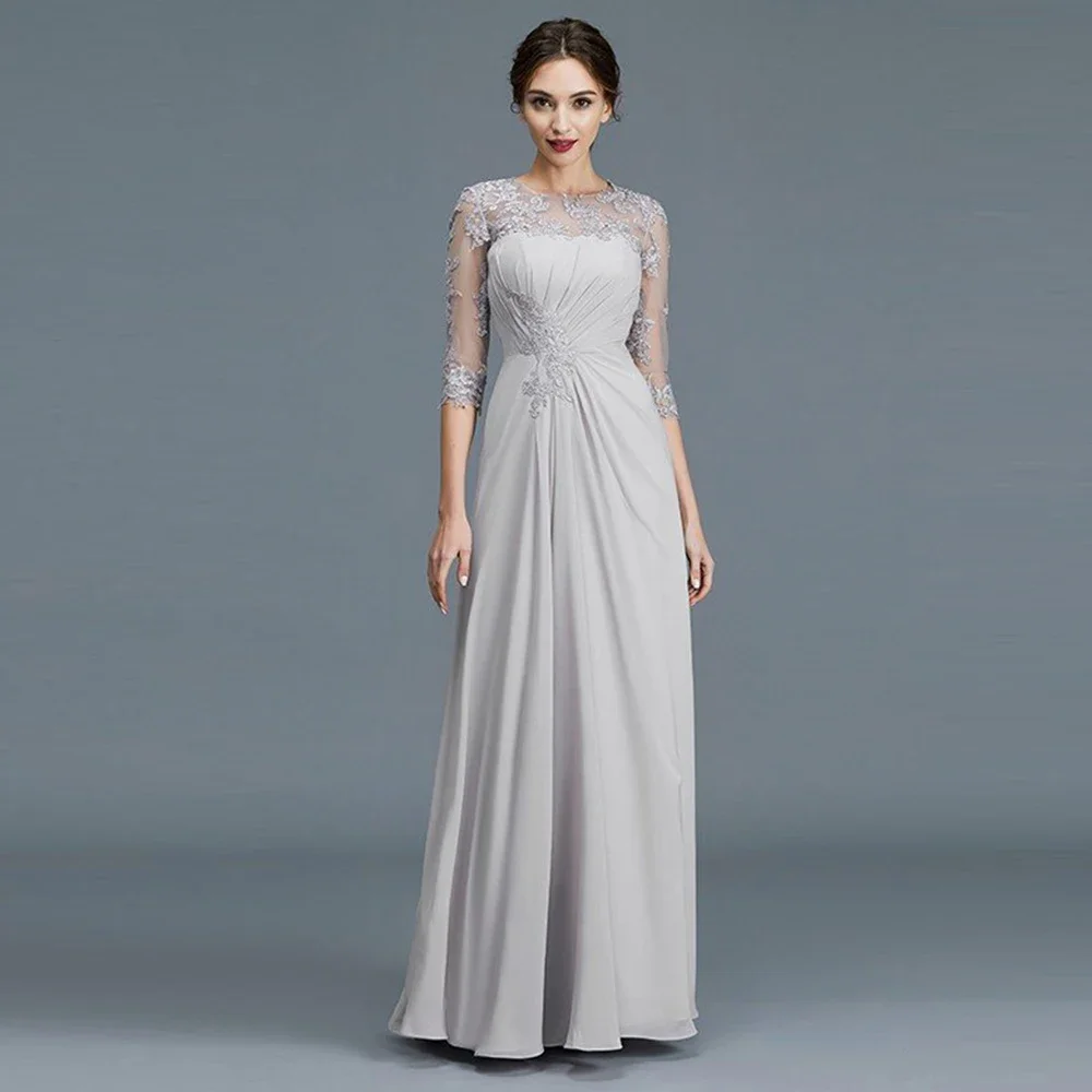 

Grey A-Line Mother Of The Dresses O-Neck Half Sleeve Long Prom Party Gown Lace Appliques Pleat Chiffon Evening Dress