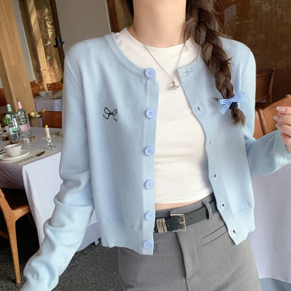 Pull à manches courtes brodé, haut décontracté, style décontracté, noir, pull décontracté toutes saisons, cardigan, col rond